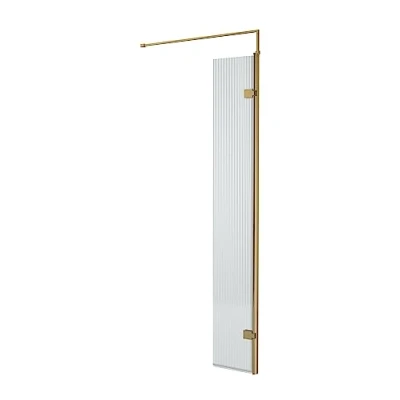 Image of nuie WRFL18530BB Fluted Modern Bathroom 8mm Toughened Safety Glass Hinged Return Screen with Support Bar, 300mm, Brushed Brass