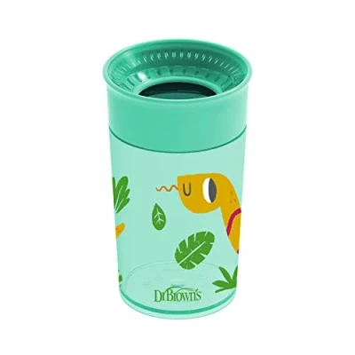 Image of Dr. Brown&#039;s Milestones Cheers 360 Cup Spoutless Transition Cup, Travel Friendly &amp; Leak Free Sippy Green, Snake, 10oz/300ml