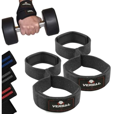 Image of VERSAL Weight Lifting Straps Figure 8 Neoprene Padded Wrist Support Gym Heavy Duty Weightlifting Deadlift for Powerlifting Fitness Training Workout (Black)