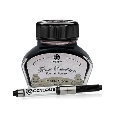 Image of Octopus Fluids Pebble Stone Fountain pen ink in Pastel colours with converter, Writing inkwell, Calligraphy ink, Grey 30 ml