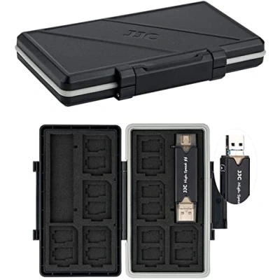 Image of JJC 25 Slots Water Resistant Memory Card Case with USB 3.0 Reader for 16 Micro SD SDXC SDHC + 8 SDHC, Box Carrying Case, Anti Shock Portable Storage Wallet