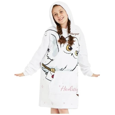 Image of Harry Potter Personalised Girls Oversized Blanket Hoodie White Fluffy Fleece Pullover (UK, Age, One Size, Regular, Owl)