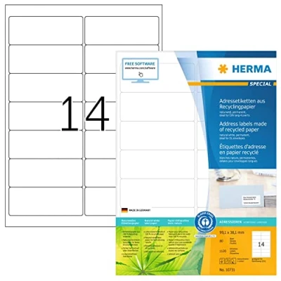 Image of HERMA Self Adhesive Recycling Labels, 14 Labels per A4 Sheet, 80 Sheets, 99.1 x 38.1 mm, 1120 100% Recycled Paper Stickers, Sticky for Laser &amp; Inkjet Printer, Natural White