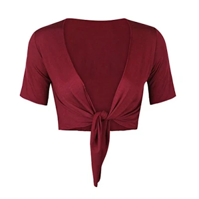 Image of STAR FASHION Women Cap Sleeve Bolero Shrug Tie Up Front Cropped Cardigan Short Sleeves Top Wine UK 20 22