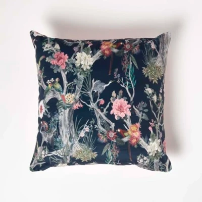 Image of HOMESCAPES Navy &amp; Pink Reversible Velvet Floral Cushion 46 x cm Filled Decorative Throw Pillow with Garden Parrot Design Insert Included
