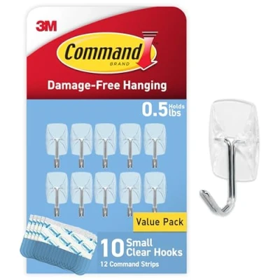 Image of Command CL067 10NA Plastic Small Wire, 10 Hooks, 12 Strips Easy to Open Packaging, Organize Damage Free, Clear, Silver