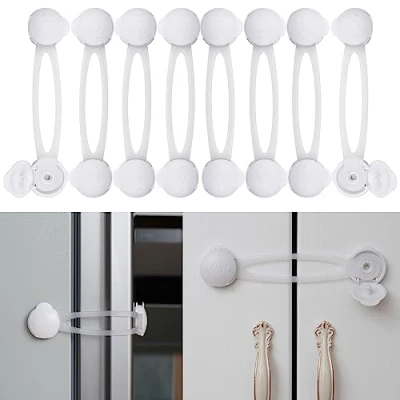 Image of Multi Purpose Child Safety Locks, 8 pcs, White Transparent, for Cabinet, Drawer, Toilet, Trash Can, Microwave, Refrigerator, Baby Strap, Proof Cupboard Latches, Toddler Proofing Lock