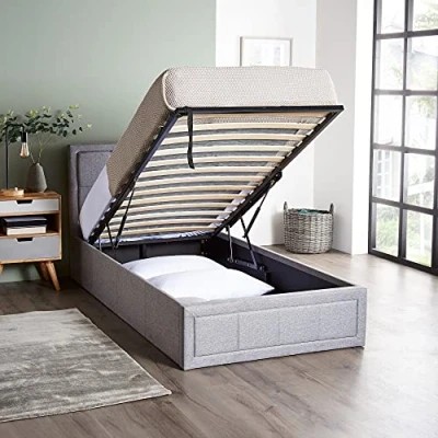 Image of Home Treats Upholstered Bed Single Ottoman Frame Grey Fabric With Storage (Single, No Mattress)...