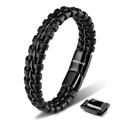 Image of SERASAR Mens Bracelets 23cm Black Bracelet Men Gift Box Genuine Leather Cowhide Braided Magnetic Clasp Multi Layer Wrap Rope Man Mans Male Band Jewelry Magnet Accessories