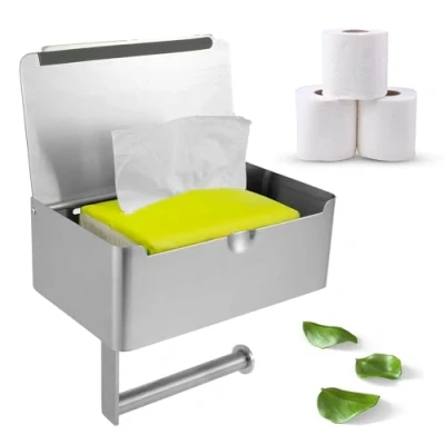 Image of Toilet Roll Holder with Shelf, Stainless Steel Paper Storage Box Wall Mount Wipes Dispenser Practical Tissue for WC Bathroom Washroom Kitchen(Black)