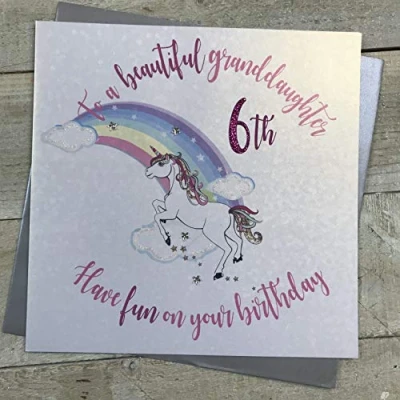 Image of White Cotton Cards Large&quot;to a Beautiful Granddaughter, Have Fun on Your 6th Birthday&quot; Handmade Birthday Card, XR34 6gd,Grey,22cm x 22cm
