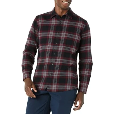 Image of Amazon Essentials Men&#039;s Slim Fit Long Sleeved Button Down Plaid Flannel Shirt, Black Burgundy Plaid, M