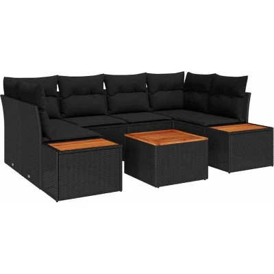 Image of vidaXL 7 Piece Garden Sofa Set with Cushions Black Poly Rattan