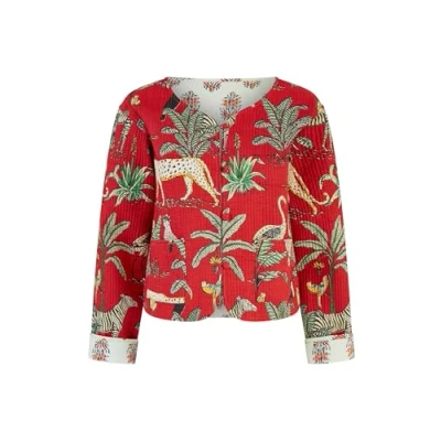 Image of Yumi Red Animal Print Reversible Cotton Cropped Quilted Jacket 16