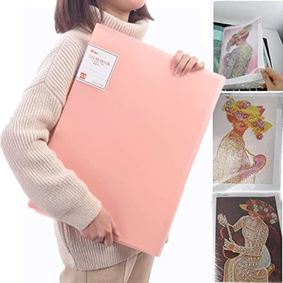 Image of KFGJ A3 30 Pages Diamond Painting Storage Book, Book Clear Pockets Sleeves Protectors Art Portfolio View Document Folder for Presentation, Pink