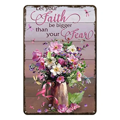 Image of Aenaon Let Your Faith Be Bigger Than Fear Metal Tin Sign Vintage Home Kitchen Garage Bar Cave Wall Nostalgic Decor Rustic Dragonfly and Flower 8x12 Inches