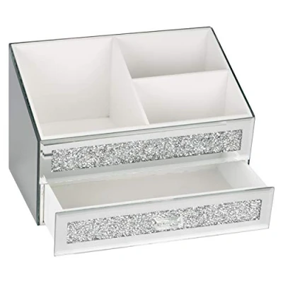 Image of Crystal Glamour Beauty Box Makeup Brush Holder Organiser Crushed Diamond Jewel Mirror Cup Container Storage Case 18x16x28cm