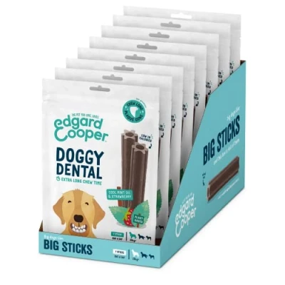 Image of Edgard Cooper Treats Dental Stick, Big Strawberry and Mint (8 x 7 stick pack), Natural Dog Chew Sticks, Hygiene, One per Day, Low Calorie, Long Chewing, Fresh Breath