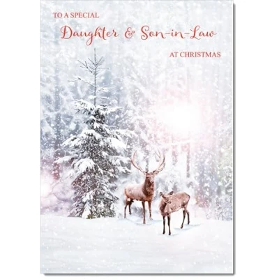 Image of doodlecards Daughter &amp; Son in Law Christmas Card Deer Snow Forest Medium Size with Plain Envelope