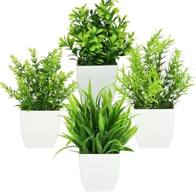 Image of CECOMBINE Pack of 4 Mini Artificial Plants with Pot, Plastic Fake Plants, Like Real in Small Plant for Home, Office, Table Decor, Garden, Bathroom