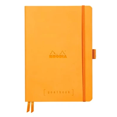 Image of RHODIA 117775C Orange Soft Bullet Journal Goalbook Notebook A5 Small Squares 240 pages 90g Ivory Clairefontaine Paper 2 Ribbons, Elastic Closure Faux Leather Cover