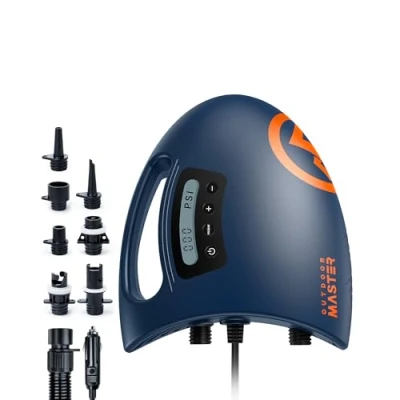 Image of OutdoorMaster 20PSI High Pressure SUP Air Pump Shark Intelligent Dual Stage Inflation &amp; Auto Off Deflation, 12V DC Car Connector, for Inflatable Stand Up Paddle Boards, Boats (Dark Blue)