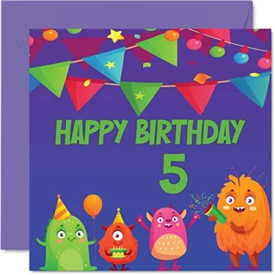 Image of 5th Birthday Card Boy Girl Monster Happy 5 Year Old Boy, Girls Boys Cards for Him Her, 145mm x Greeting Son Nephew Grandson Kid Children