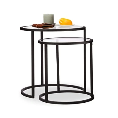 Image of Relaxdays Nesting Tables Set of 2, Coffee Table with Glass Top, Compact Storage, HWD 50.5x50x50 cm, Black