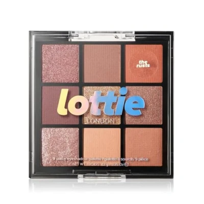 Image of Lottie London palette in The Rusts, 9 shade compact eyeshadow metallic rust and brown shades a mix of creamy mattes sparkling shimmers