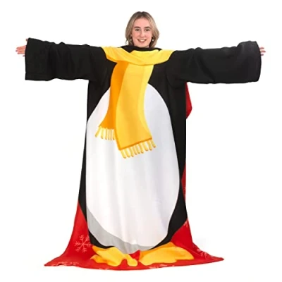 Image of Snug Rug Christmas Penguin Fleece Blanket with Sleeves, Black/White