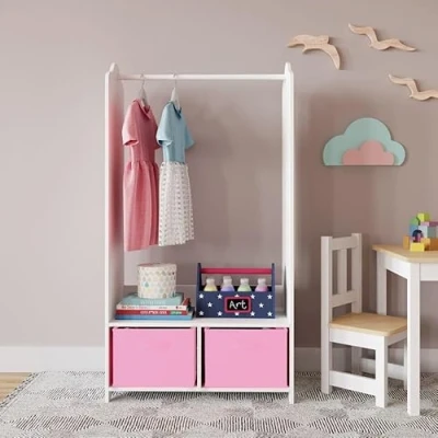 Image of URBNLIVING Kids MDF Wooden Hanging Clothes Rail Wardrobe Storage Shelves with Inserts Mirror Freestanding (Light Pink)
