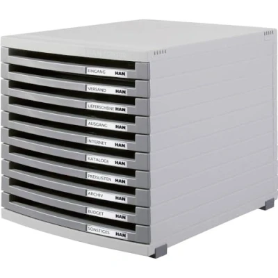 Image of HAN 1510 0 19, CONTUR drawer set. Modern organisational system, expandable, premium quality for a highly professional organisation with 10 open drawers, light grey dark