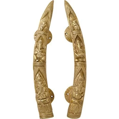 Image of ESPLANADE 11&quot; Tusker Style Ganesha Carving Brass Door Handle Pair Set of 2 Home Decor Handles Pulls