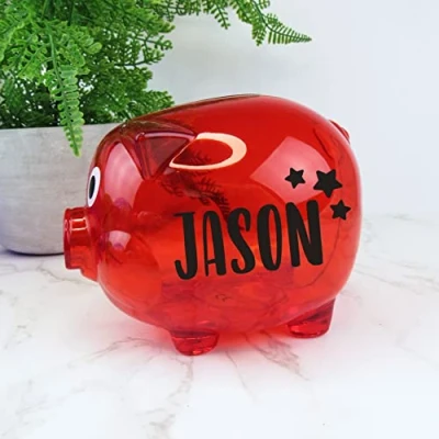 Image of eBuyGB Personalised Transparent Plastic Piggy Bank, Kids Money Box, Saving Jar Keepsake for Children, Novelty Gift (Red)