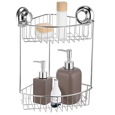 Image of MaxHold No Drilling Suction Cup Two Tier Corner Shower Basket Vaccum System Stainless Steel Never Rust for Bathroom &amp; Kitchen