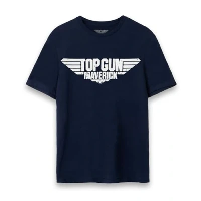Image of Top Gun Maverick Mens T Shirt Adults Classic Logo Short Sleeve Graphic Tee in Navy Distressed Fighter Jet Vintage Style USA Action Movie Apparel Iconic Film Series Merchandise Gift
