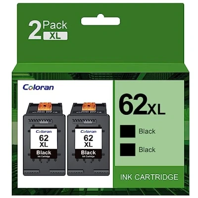 Image of Coloran 62XL Black Ink Cartridges for HP 62 XL, Compatible Envy 5540 5541 5542 5543 5544 5545 5546 5547 5548 5640 5642 5644 7640 OfficeJet 200 250 5740 5742 5744(2 Black)