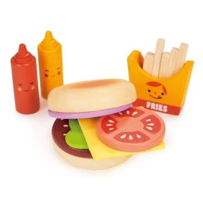 Image of Mentari Wooden Toy Take out Burger And Chips Set Pretend Play Food For Children Ages 3+