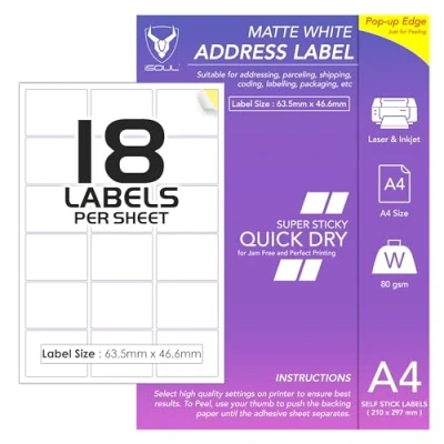 Image of 18 Labels Per A4 Sheet, 50 Sheets 900 Sticky Label, Printable Sticker Paper, iSOUL Matte Self Adhesive Adress Mailing, Shipping, Postage, Laser &amp; Inkjet Printer Compatible [Quickdry]