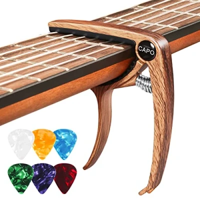 Image of Guitar Capo with 6 Picks, for Acoustic Ukulele, Electric Guitar, Metal Wood
