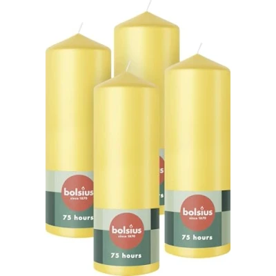 Image of Bolsius Pillar Candles Yellow 4 Pack 20 x 7 cm Decorative Household Long Burning Time of 75 Hours Unscented Includes Natural Vegan Wax Without Palm Oil
