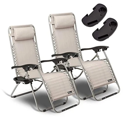 Image of SUNMER Set of 2 Sun Lounger Garden Chairs With Cup And Phone Holder Adjustable Headrest Pillow Deck Folding Recliner Zero Gravity Outdoor Chair Grey