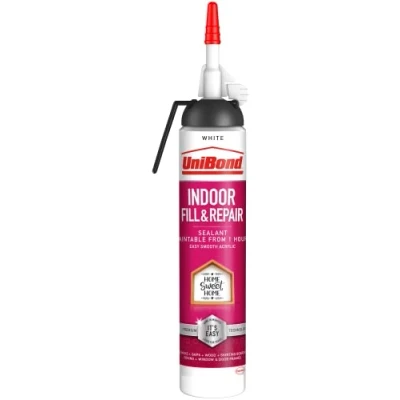 Image of UniBond Fill &amp; Repair Sealant for Indoor Use, White Acrylic Sealant, Easy to Apply, Ideal Cracks, Gaps, Wood, Skirting Boards, Coving, Window Door Frames, 1 x 310g Cartridge