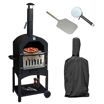 Image of KuKoo Outdoor Pizza Oven Portable Charcoal BBQ Garden Smoker Maker Stainless Steel Chimney Vent Temperature Gauge Shelf Includes FREE Protective Rain Cover, Peel, Stone and Cutter