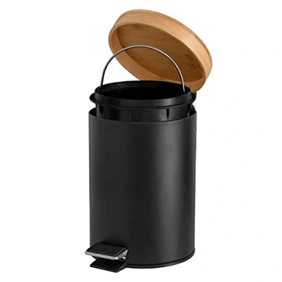 Image of Solly&#039;s 3L Bathroom Bin with Bamboo Lid, Pedal Soft Close, Round, Black