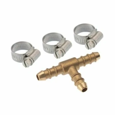 Image of Calor 8mm gas hose nozzle tee piece and three jubilee clips.