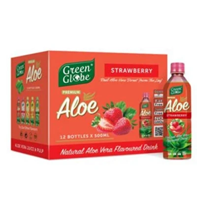 Image of (Pack of 12) Green Globe Aloe Vera Juice Drink 500 ml, Original for Hair and Skin ml (Strawberry Drink)