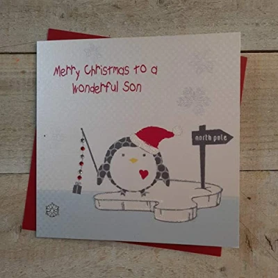Image of White cotton cards X145 Wonderful Son Handmade Christmas Card with Penguin Design,