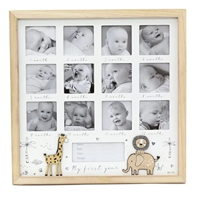 Image of My First Year Keepsake Baby Photo Frame Wooden Wall Mounted Newborn Picture 12 Aperture New Memories