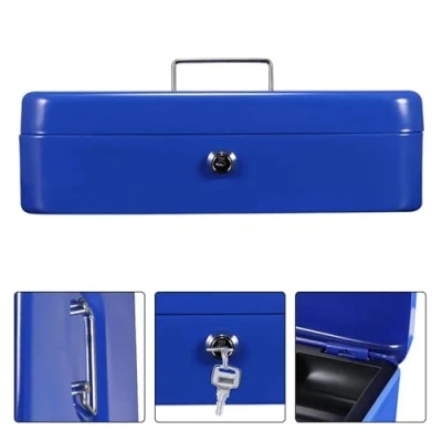 Image of Faboer Metal Cash Petty Box Money Bank Deposit Steel Tin Security Safe Key Lockable with Coin Tray for Coins Notes (Blue, 8&#039;&#039;)
